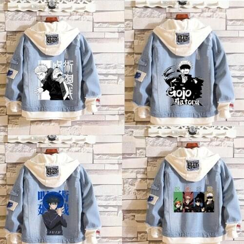 Anime Jeans Jacket Jujutsu Kaisen Gojo Satoru Print Casual Denim Jacket Autumn Hooded Outwear Coat Cosplay costume 4XL