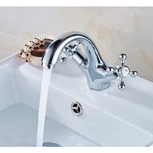 European Copper Basin Faucet Chrome Plating Dual Handle Single Hole Faucets Hot and Cold Water Tap Mixer Ceramic Plate Spool