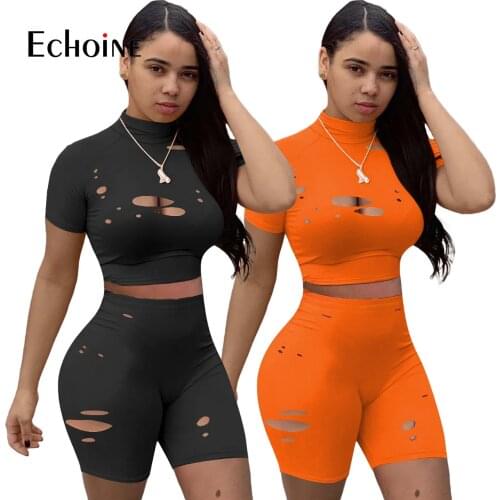 Echoine Summer Women Solid Hole Sport Two Piece Set Stand Neck Tee Tops Shorts Jogger Pants Suit Tracksuit Matching Set Outfits