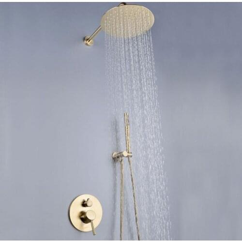 Bath Shower Faucet Set Brushed Gold Solid Brass Rainfall Shower Faucet 10 Inches 304 Stainless Steel Shower Head Wall Mounted