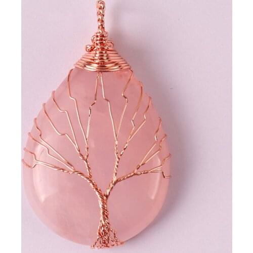 Natural Rose Crystal Handmade Wire Wrap GEM Pendant Teardrop Jewelry S633