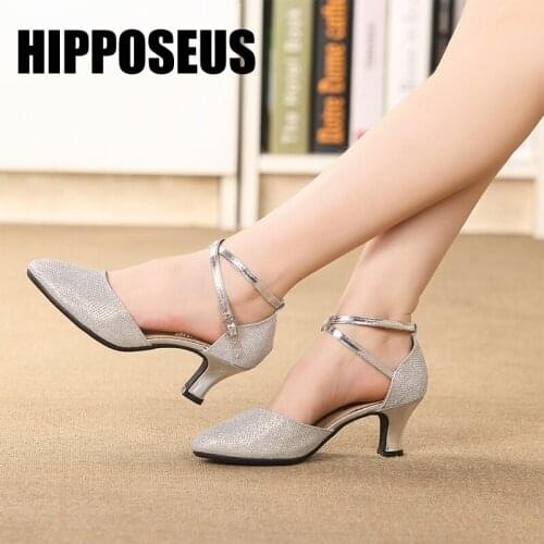 Hipposeus Latin Dance Shoes for Woman Girls Ladies Ballroom Modern Tango Dancing Shoes Closed Toe Sexy Mesh Sequins Dropshipping