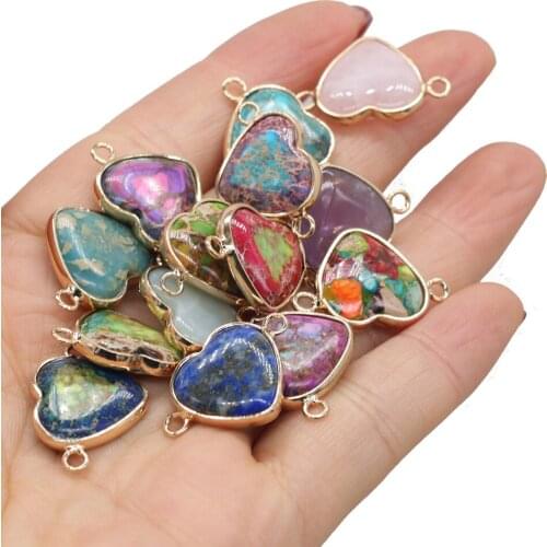 Natural Crystal Heart Shape Emperor Amethysts Lapis Lazuli Stone Connector Pendant Double Hole Jewelry Making Necklace 15x23mm