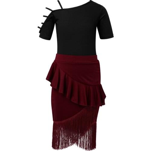 Professional Girls Kids Latin Costume Tassel Ballroom Set Short Sleeve Shirt Dance Dress Ruffle Fishtail Skirt 2Pcs Outfits