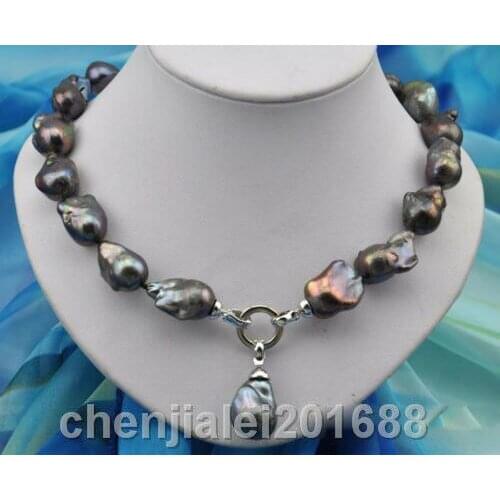 Rare 18" 25mm baroque black keshi reborn pearl necklace pendant