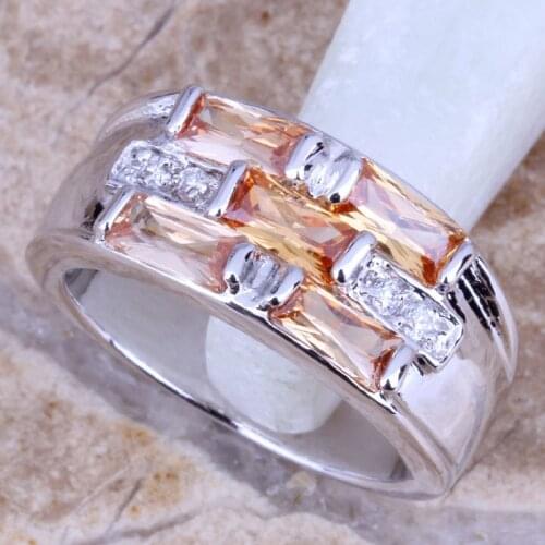 Luxurious Brown Morganite White CZ Silver Plated Womens Jewelry Ring Size 6 / 7 / 8 / 9 R0449