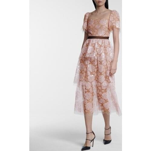 Luxury Sequins Women 2021 Summer Runway Sexy Short Sleeve Rose Floral Embroidery Pink Long Party Dress vestidos de fiesta