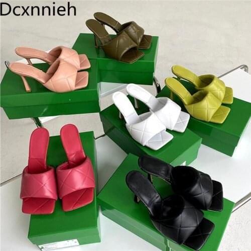 Rose red High Heels Women Sandals Rhombus Gingham Leather Square Toe Slides Woman Summer Party Shoes Thin Heel Slipper Women