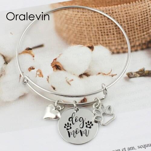 DOG MOM Inspirational Hand Stamped Engraved Custom Charm Round Pendant Wire Bracelet Bangle Gift Jewelry,#LN2341B
