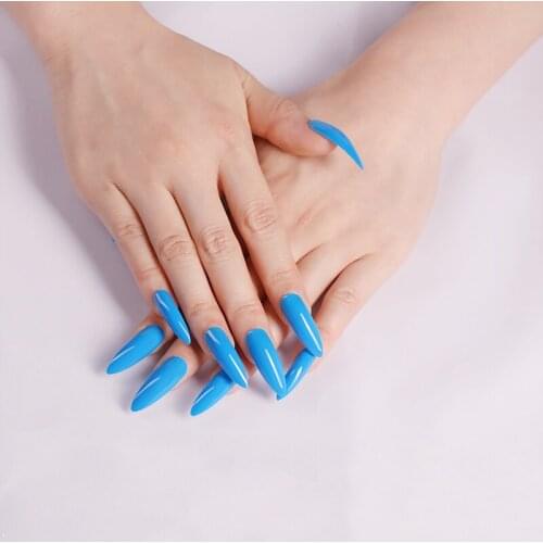 Extra long pointed oval fake nails slim art salon nail crystal diamond nail blue 1977