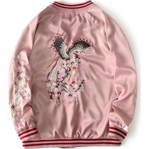 Yokosuka New Two Sided Wear Phoenix Embroidery Jacket Smooth Women Spring and Autumn Satin baseball Casual Loose Coats Female