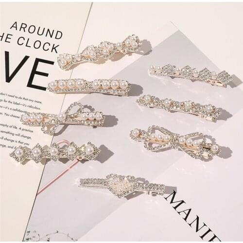 Girls Shiny Crystal Rhinestones Duckbill Hair Clips Geometric Heart Bowknot Pearl Bangs BB Hairpins Female Jewelry Accessories