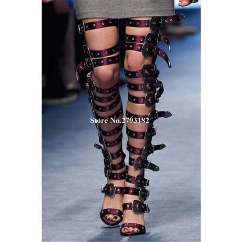 New Design Women Fashion Open Toe Straps Buckles Over Knee Gladiator Boots Purple Blue Stiletto Heel Long Sandals Boots