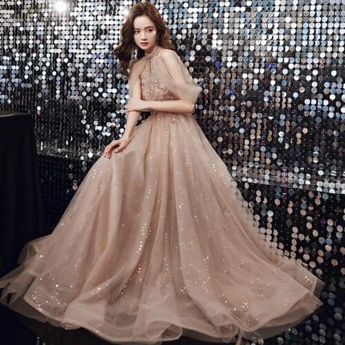 Champagne Prom Dresses Halter Dresses Woman Party Night Floor-Length Beading Prom Dress A-Line Evening Dresses