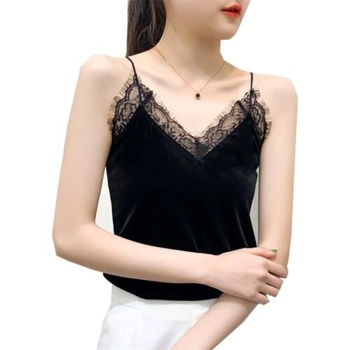 2019 Women Based Gold Velvet Tank Lady Black White V-neck Lace Vest Sleeveless T-Shirt Fashion Summer Outfits Slim Sling Top 778