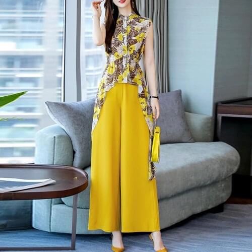 New Women Summer Womens Set Sleeveless Asymmetry Print Shirt Top & Wide Leg Pants Suit Two Piece Set Office Casual Lady
