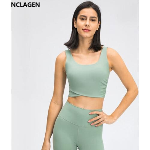 NCLAGEN Yoga Vest Women Gym Sports Underwear Front Cross Naked-feel Fabric Crop Top Push-up Athletic Active Tank Fitness Bra