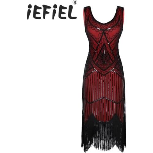 Elegant Women Female Shiny Sequins Beaded V-Neck Sleeveless Fringed Tassels Hem Flapper Dress Cocktail 1920s Party Dress