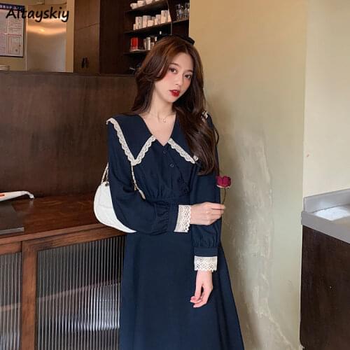 Long Sleeve Dresses Women Lace Patchwork Plus Size Sweet Girl Retro Vintage Kawaii Spring Navy Blue Button Peter Pan Collar Midi