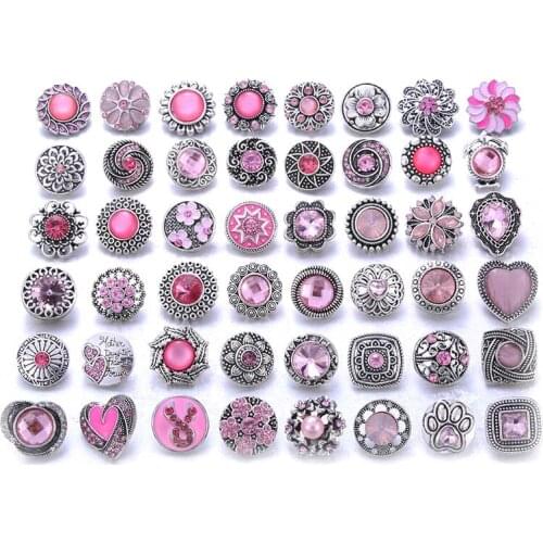 10pcs/lot Wholesale Snap Jewelry Mixed Pink Rhinestone Flower Metal Charms 18mm 20mm Snap Button Jewelry for Snaps Bracelet