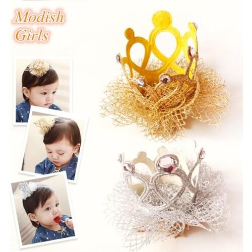 20PCS/LOT Glitter Tiara Princess Crown Hair Clips Synthetic Leather Girls Hairpins Silver Gold Felt Tulle Kids Grips with Box
