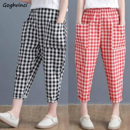 Plaid Pants Women Plus Szie 3XL Pockets Ankle-length Summer Breathable Loose Harem Trousers Womens All-match Harajuku Chic New