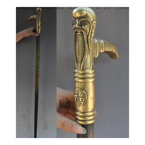 Grandpa Good Lucky Old Chinese Folk China bronze brass Longevity god head dragon phoenix Crutches Walking stick cane