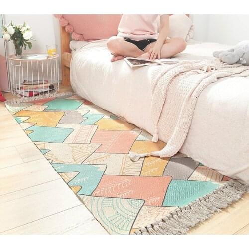 Japanese Style Cotton Hand-woven Carpet Bedside Rug Environmentally Friendly Home Bedroom Room Strip Tassel Anti-skid Floor Mat