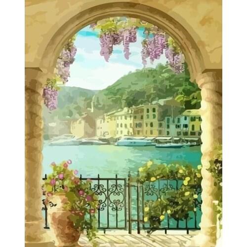 GATYZTORY Oil Painting By Numbers Arch Seaside For Adult Landscape Paint Canvas Coloring Picture Handpainted Home Decoration