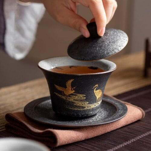 Ceramic Gaiwan Creative Retro Hand Painted Flying Crane Teacup Handmade Tureen Chinese Kung Fu Master Cup Household Drinkware