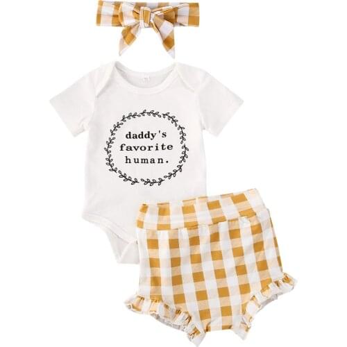 Citgeett Newborn Baby Girls Daddy Romper Jumpsuit +Headband +Yellow white Plaid Shorts 3pcs Clothes Set