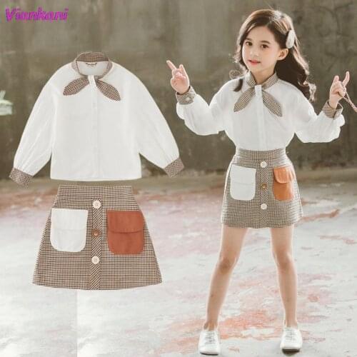 2021 Children Girls Spring Autumn New Fashion Clothing Set Long Sleeved Tops Shirts+plaid Skirts,girls Kids Elegant 2pcs Suits