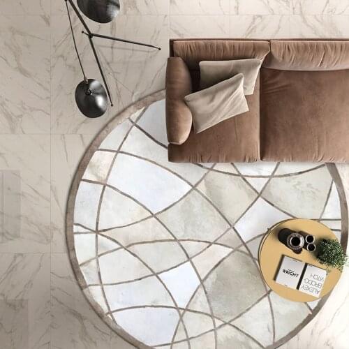 Round shaped natural cowhide patchwork rug in gray color ,genuine fur carpet for bedroom decoration office chair mat