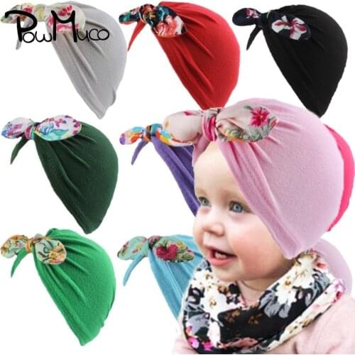 Powmuco Fashion Handmade Knotted Newborn Indian Hat Colorful Print Bunny Ears Toddler Beanie Caps Warm Children Turban Baby Gift
