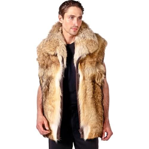 Natural Coyote Vest Men Zippered Fur Gilet Autumn Winter Fashion Warm Sleeveless Coat High Quality