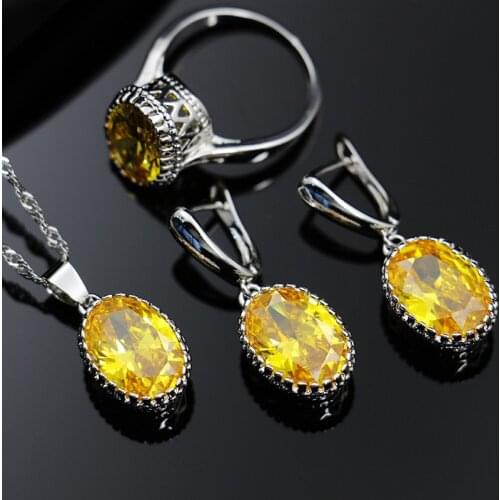 Shiny CZ Big Discount Big Oval Many Colors Silver Color Jewelry Set For Women Earring Ring Necklace Pendant Bridal Set