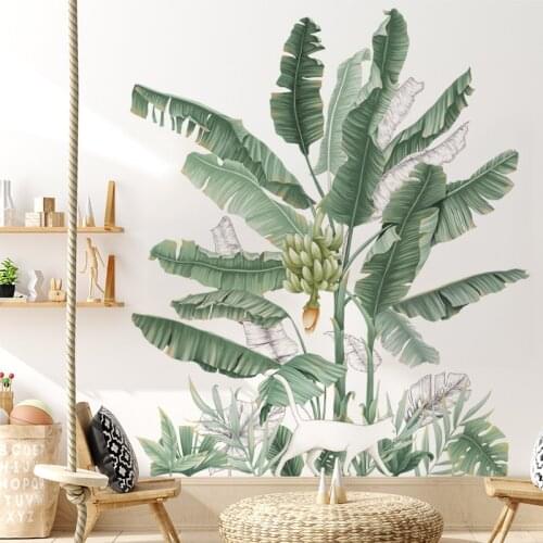 BRUP Watercolor Style Tropical Plants plantain Tree Green Leaves Wall Stickers for Living Room Bedroom Decorative Stickers PVC