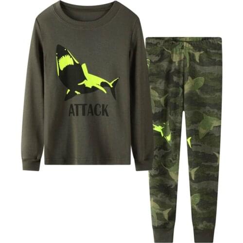 New Spring Autumn Kids O-neck Brand Army Green Shark Printed Cotton Knitted Boys Pant Casual Full-sleeved Sets Pajama