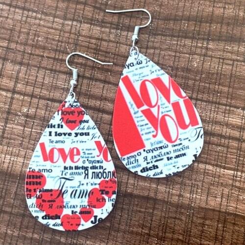 I love You Earrings Different languages Words Valentines Day PU Leather Layered Glitter Sweetheart Earrings