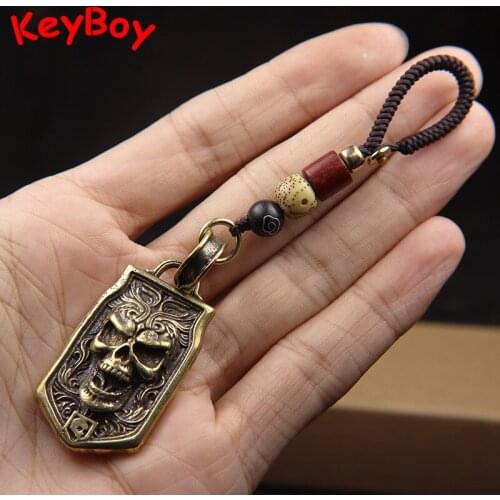 Vintage Skull Head Hanging Tag Lanyard Pendants for Keychain Punk Rock Hip Hop Men Trendy Jewelry Pure Brass Cool Keyring Charms