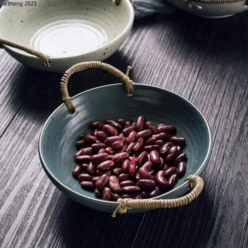 Japanese Stoneware Binaural Fruit Salad Bowl Handmade Retro Main Course Dessert Plate Kitchen Tableware Restaurant Dinner Plate