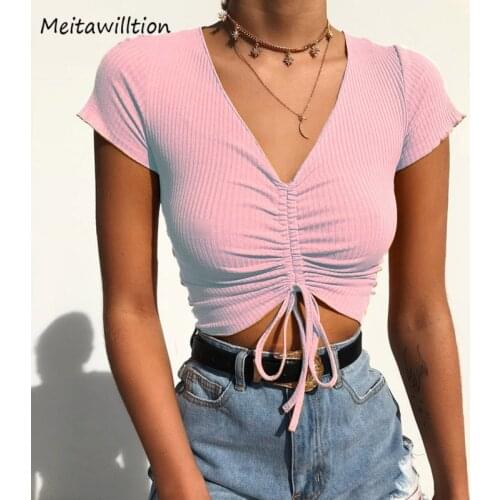 New Summer Slim Knit Tee Shirts 2020 Sexy V Neck Cropped T-Shirt Women Drawstring Casual Solid Short Sleeve Tops