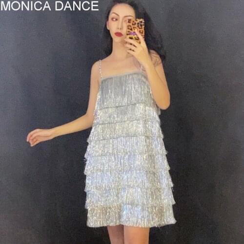 Women Sexy Sparkling Silver Tassel Suspender Dresses Evening Prom Outfit Teams Catwalk Stage Wear Nightclub Costume