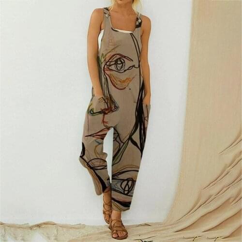 Ladies Summer Abstract Cotton and Linen Print Jumpsuit, Sling Retro Graffiti Print Sleeveless Side Pocket Summer Jumpsuit