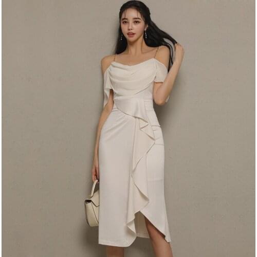 2021 Summer Korean New Womens Chic Pile Collar Suspender Top + Waist Ruffle Hip Skirt Avant-Garde Fashion Two-Piece Suit