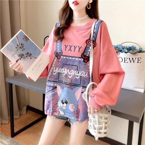 Women Thin Cute Long Sleeve Top Spring Autumn Cartoon Cat Tom Sweatwear Girls Fashion Loose Fit Round Neck Causal Female Clothes