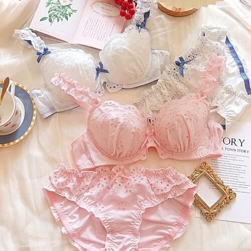 Sakura girl dream lingerie and panty suit hollow petal cotton lolita Japanese sweet thin steel ring gathering bra set large size