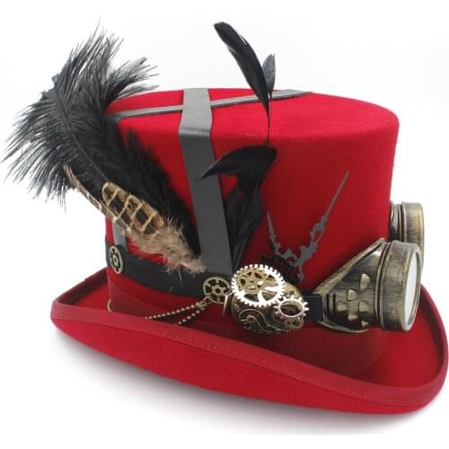100% Wool Women Men Handmade Steampunk Top Hat 4Color Steam Punk Glasses Gear Feather Fedora Cosplay Hat 4 Size Steampunk Hat