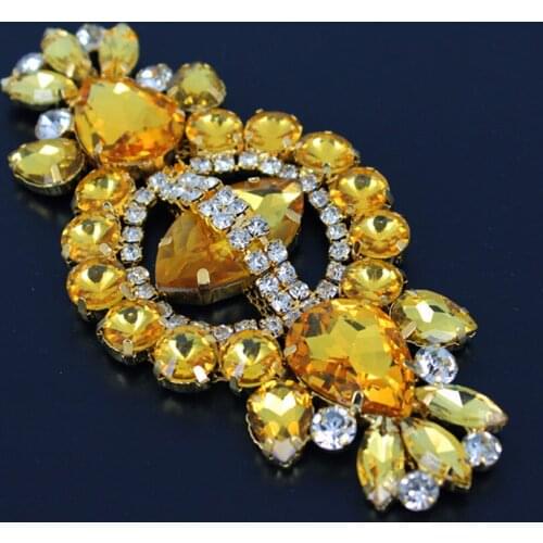 12*5.8cm Glass+resin Royal Yellow Crystal Gold Base Rhinestone applique bridal wedding sashes Belt Applique Sew on tassel belt