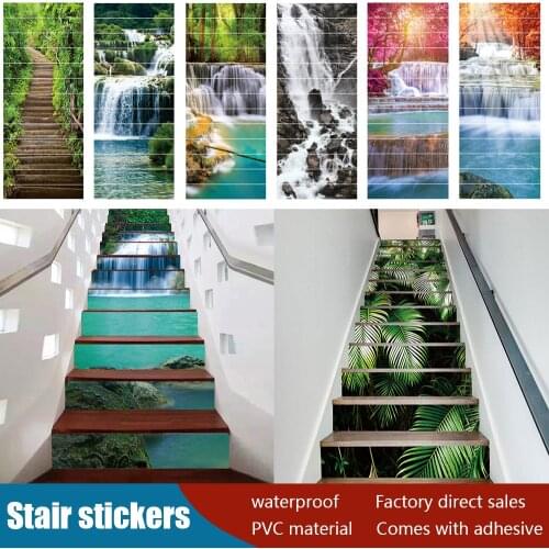 13pcs Landscape Wind Waterfall Scenery Stairs Sticker Home Decor Villa Stair Art Mural Waterpoof Peel & Stick PVC Wall Stickers